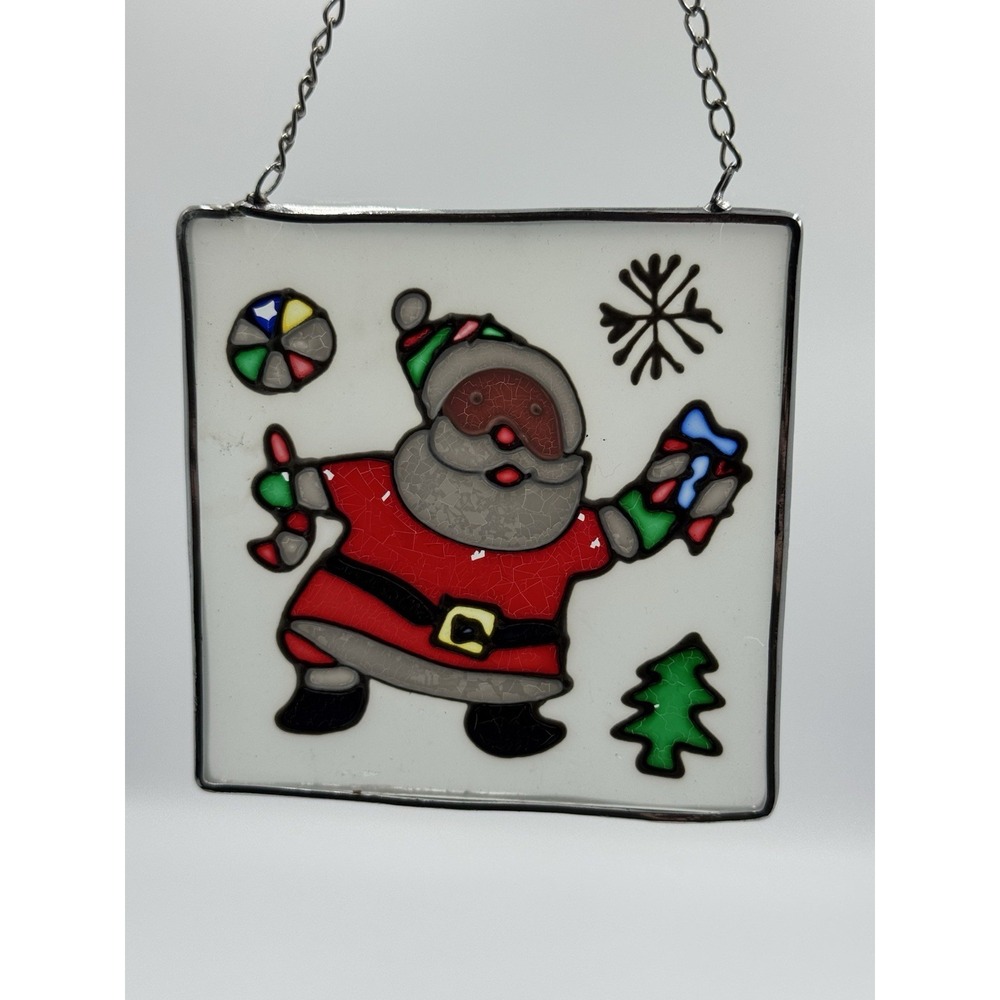 Vintage Christmas Glass Art Hand Painted Santa Square